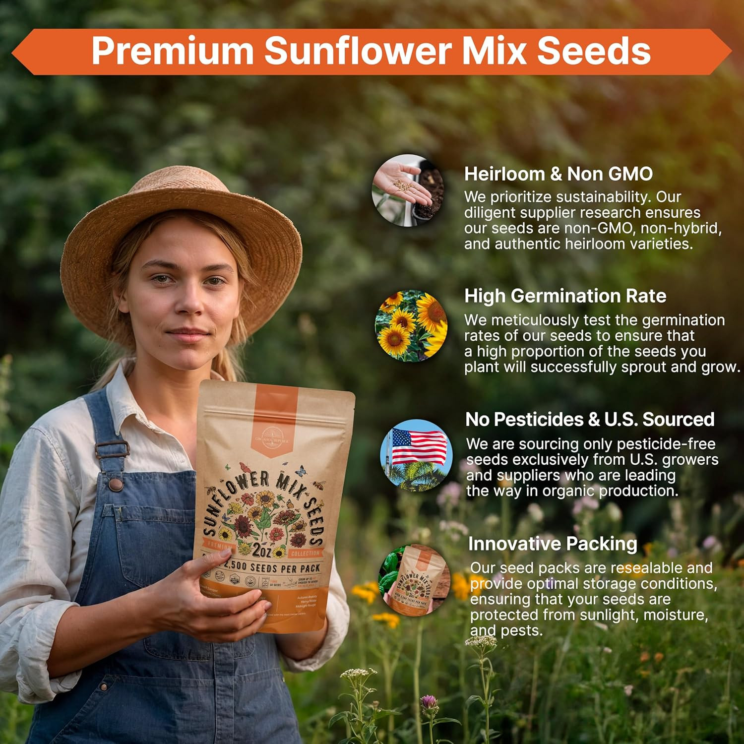 NonGMO Heirloom Sunflower Seeds for Planting Home Garden 2 oz Bag