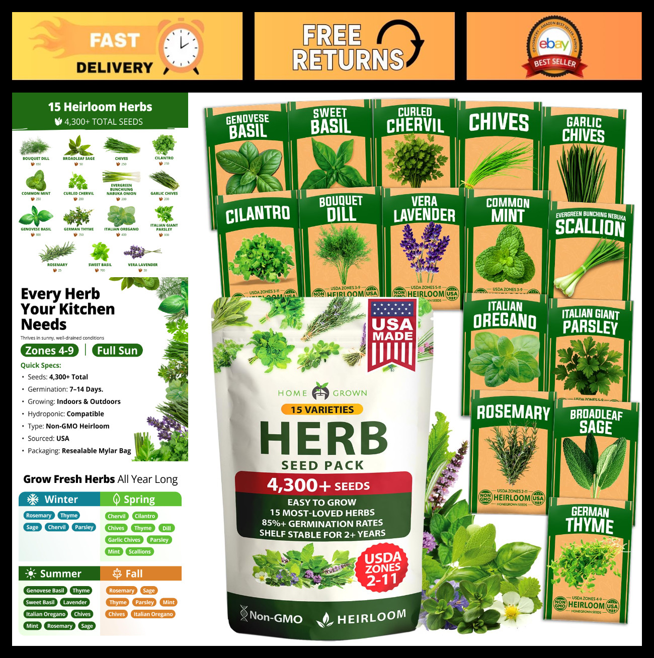 15-Pack Herb Seeds for Planting – 4,300+ Non-GMO Heirloom Seeds | Culinary Kit f