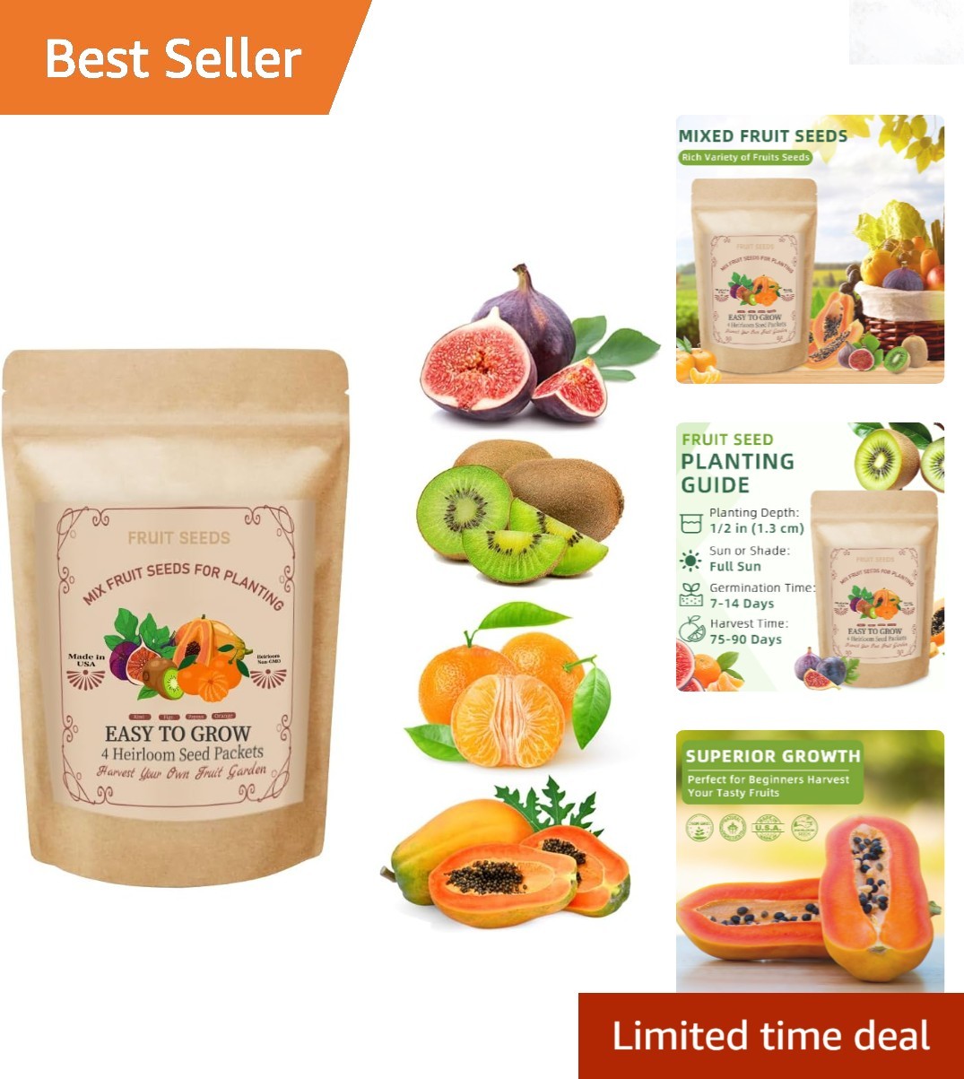 Heirloom Fruit Seeds Mix 4 Varieties Kiwi Fig Papaya Orange 300+ Seeds Indoor…