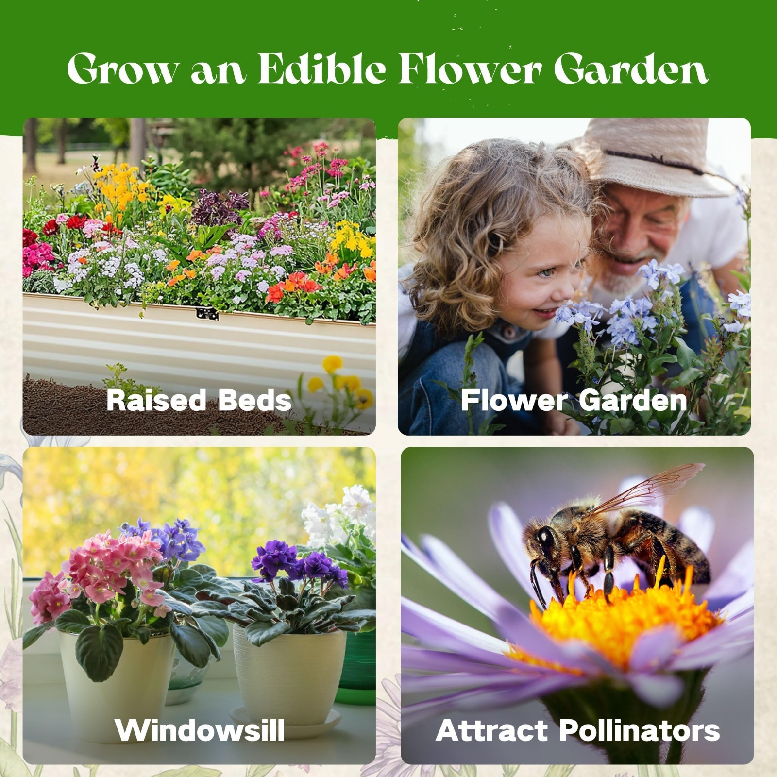 Edible Flower Seed Bank – 32 Types, 30,000+ Non-GMO Heirloom Seeds, Gardening Gi