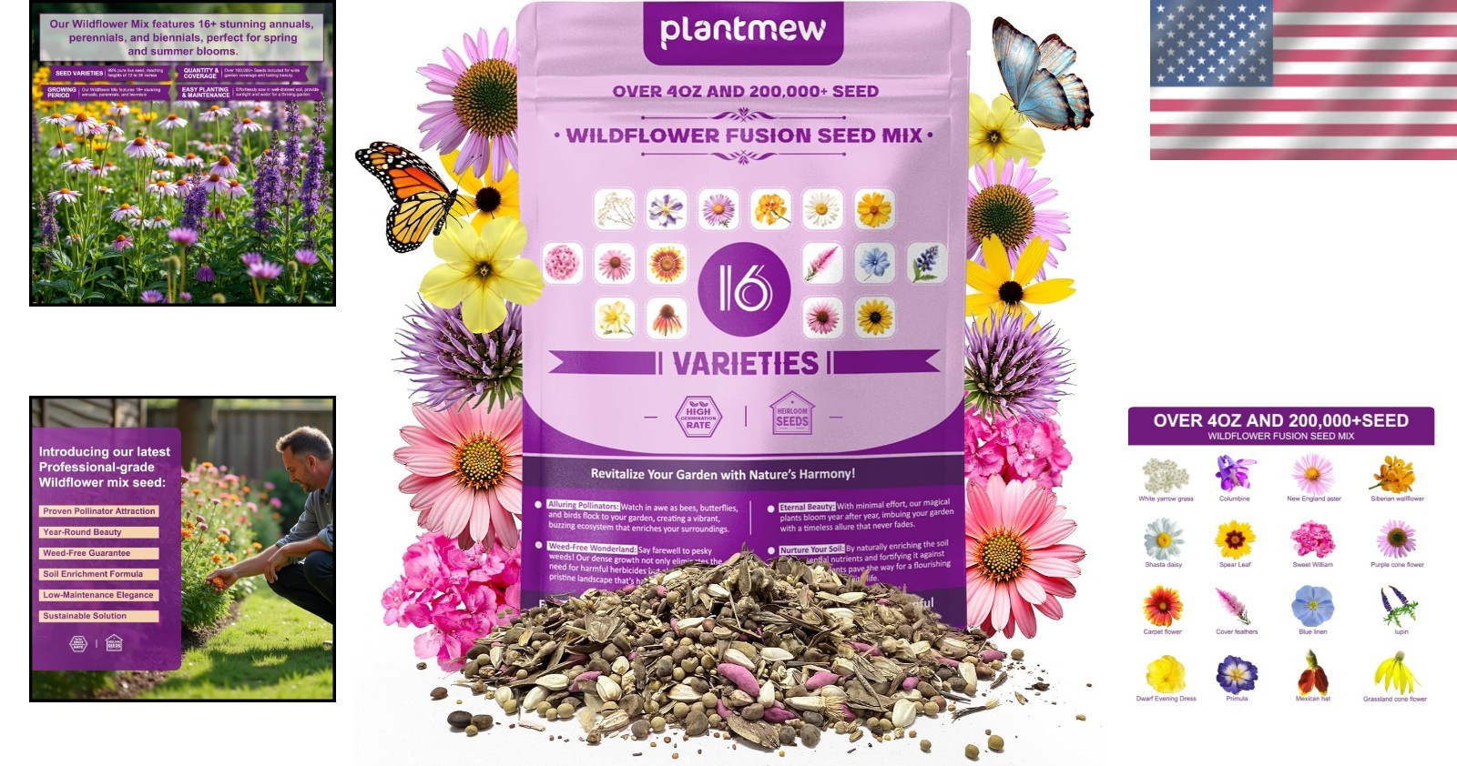 Heirloom Wildflower Seeds – 200,000 Count, 16 Varieties for Biodiversity