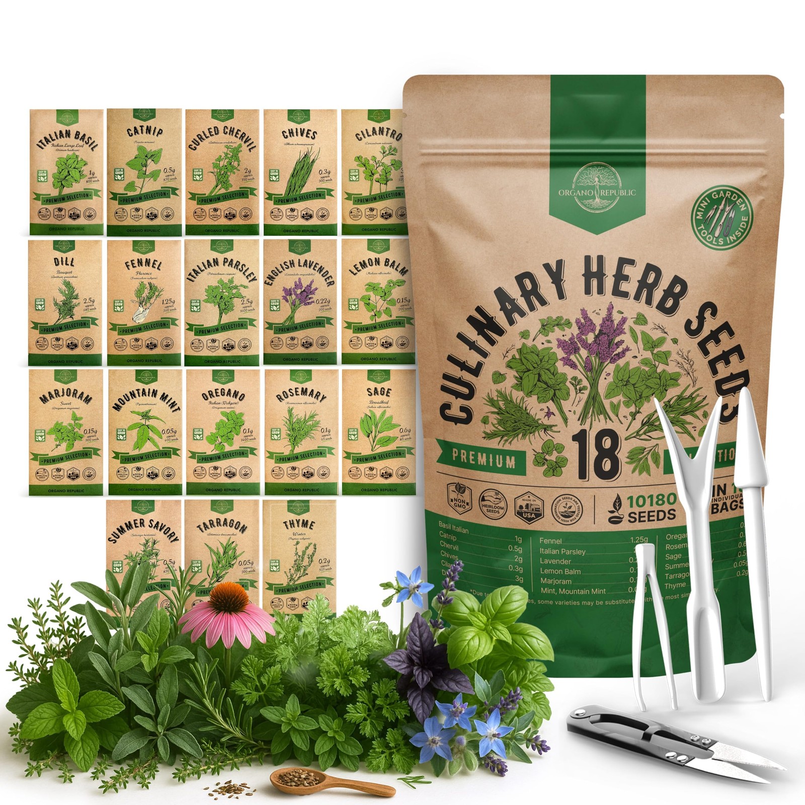 Organo Republic 18 Culinary Herbs Seeds Variety Pack 10,180+ Heirloom, NonGM…