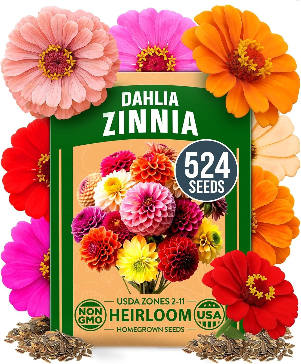 Zinnia Dahlia Seeds Pack | 524 Non-GMO Blooms for Vibrant Pollinator Gardens