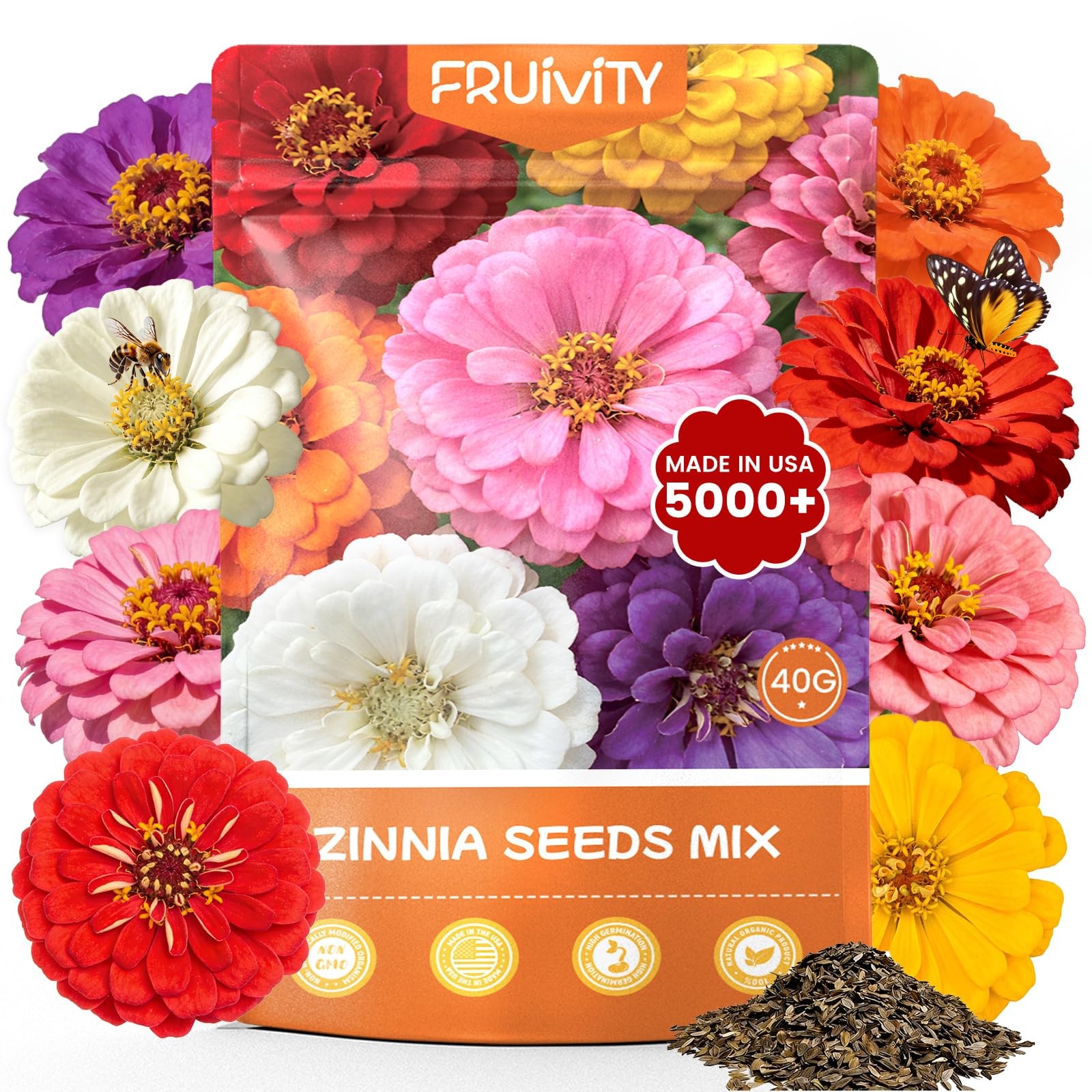 Zinnia Seeds for Planting – 5000+ Heirloom Flower Seeds in 7 Colors, Easy Grow