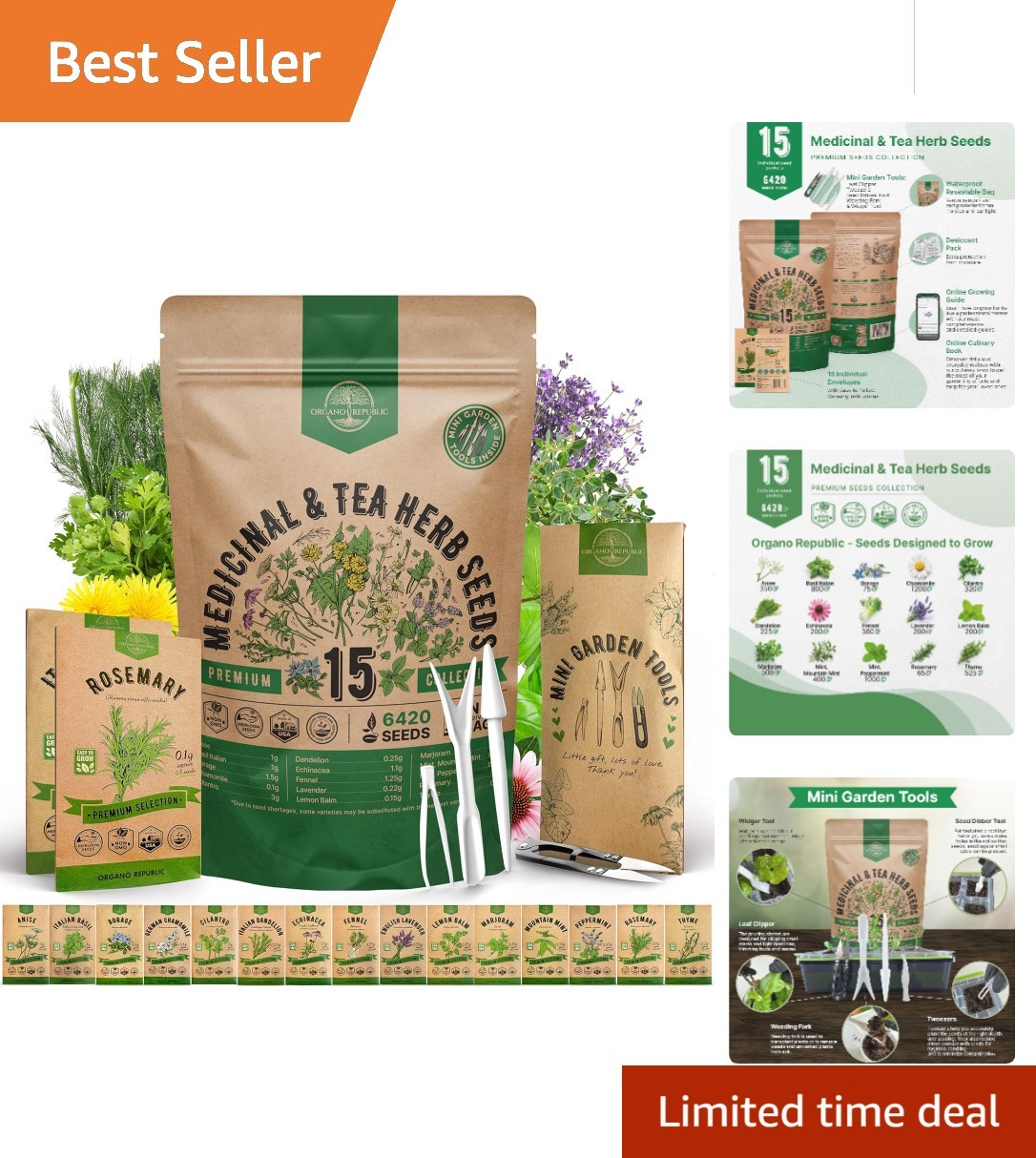 Heirloom 15-Craft Medicinal Herb Seeds Set with Gardening Tools & Growing Guide