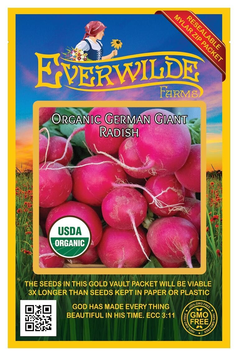 150 Organic German Giant Radish Seeds – Everwilde Farms Mylar Seed Packet