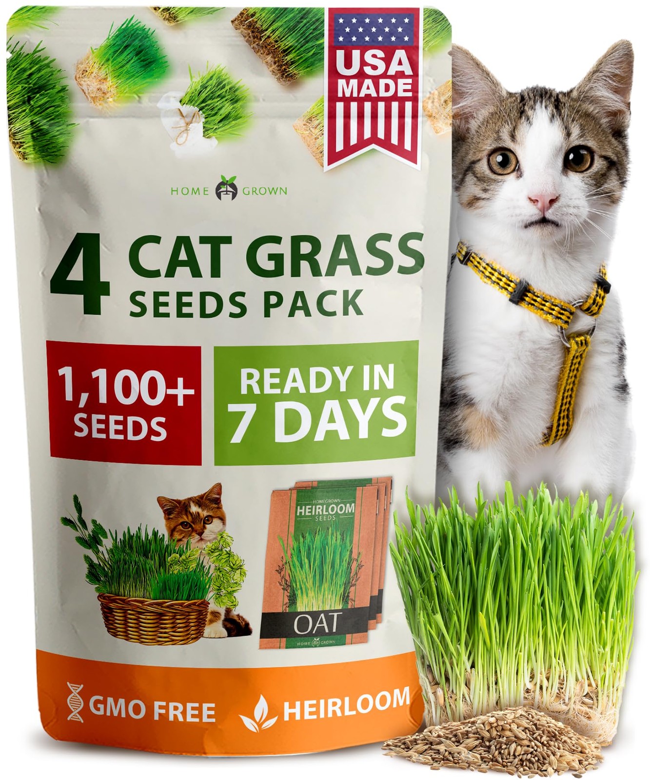 Cat Grass Seed Mix NonGMO Oat, Alfalfa, Rye & Wheat for Indoor Cats