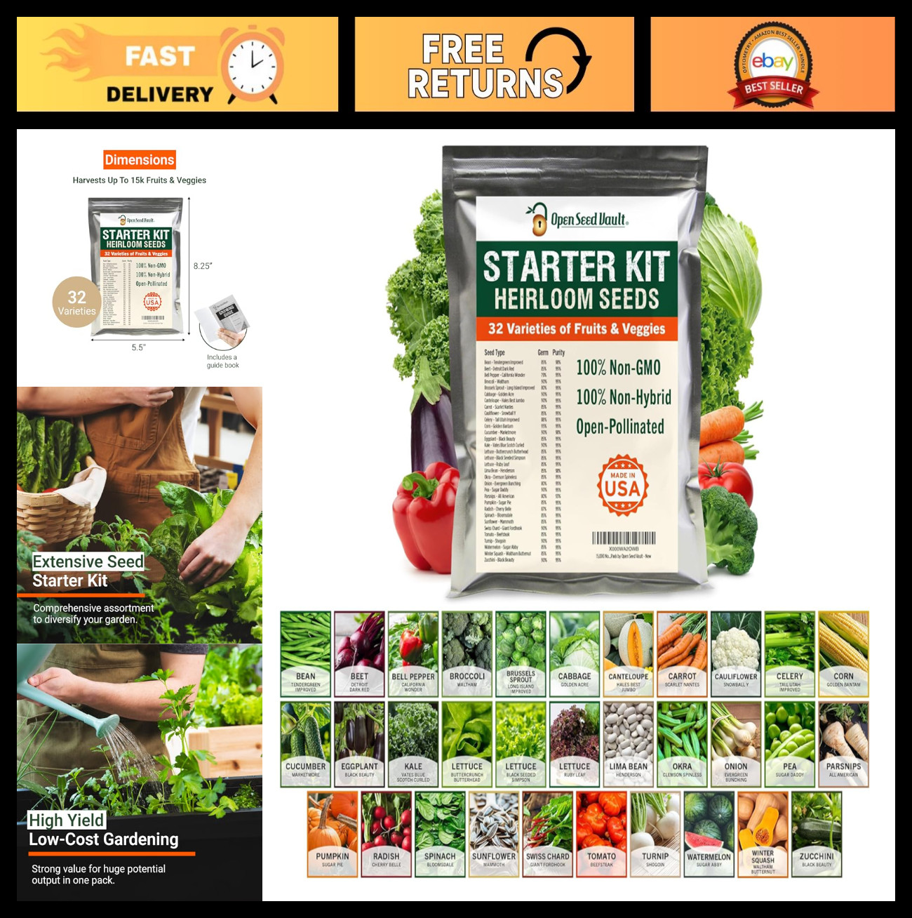 15,000 Heirloom Seeds – 32 Varieties | Non-GMO Survival & Garden Seeds | 2026 Se