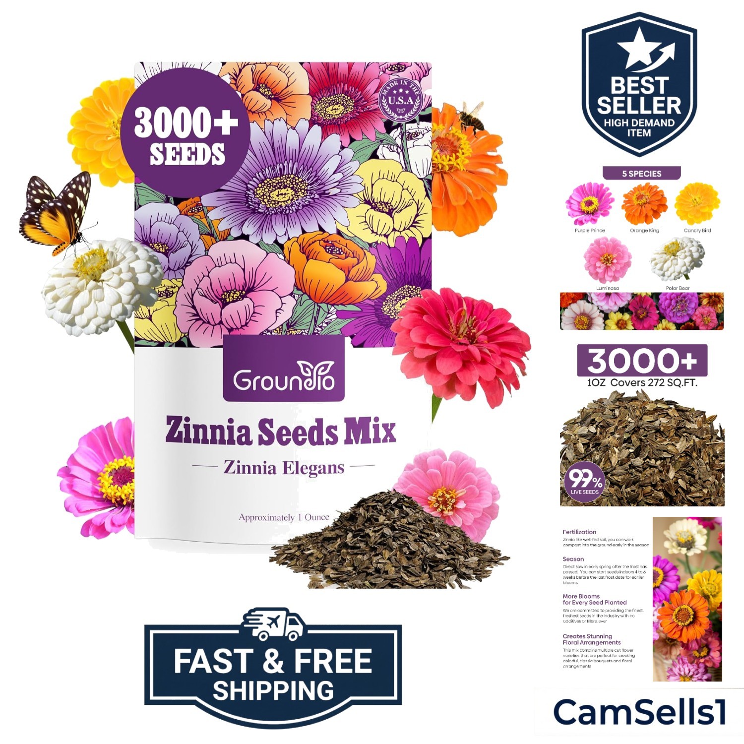 Zinnia Seeds Mix, 1 Oz, Over 3,000 Flowers Seeds, 5 Varieties Pink, Yellow, O…