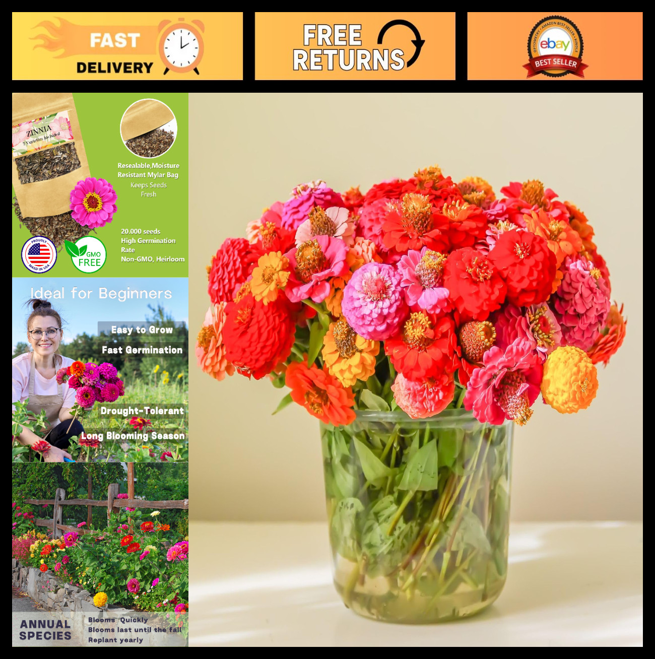 Bulk Zinnia Seeds 20,000+ | Giant Mixed Color Flower Seeds for Gardens | High Ge