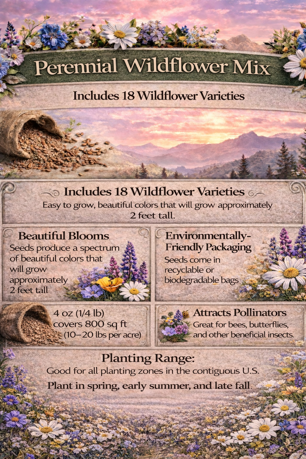 Bulk Wildflower Seed Mix – 1 Pound, All Zones Perennial Mix, Covers 2,000 SQFT