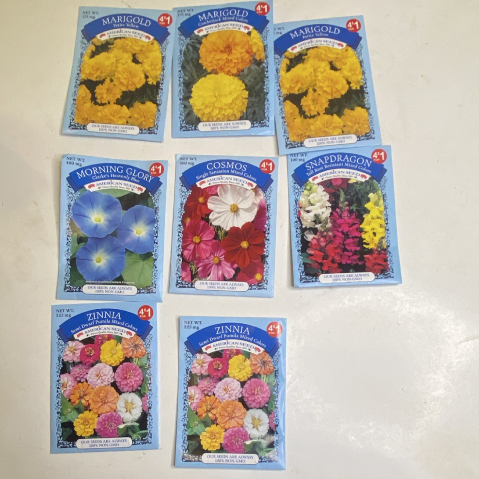 American Seed Non-GMO Flower Seed Packets Lot of 8 Marigold Zinnia + More
