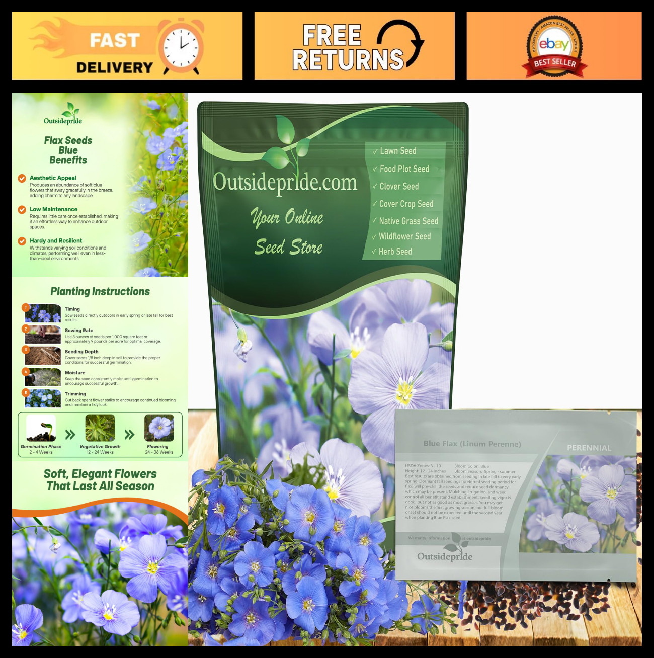 Blue Flax Seeds – 1 lb Perennial Flower Seeds, Drought-Tolerant, Self-Seeding fo