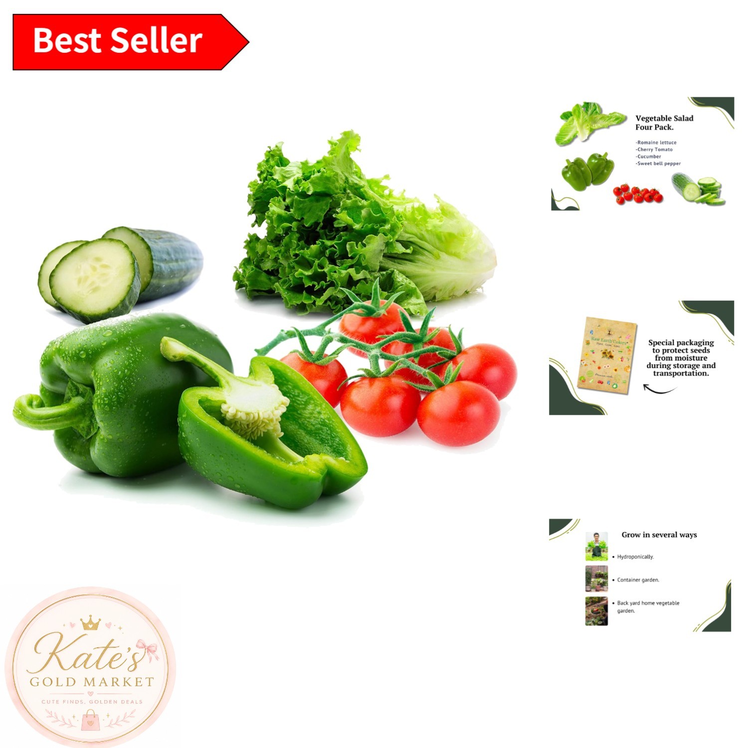 200 GMO Free Vegetable Seeds for Salads: Romaine, Cucumber, Tomato & Bell Pepper