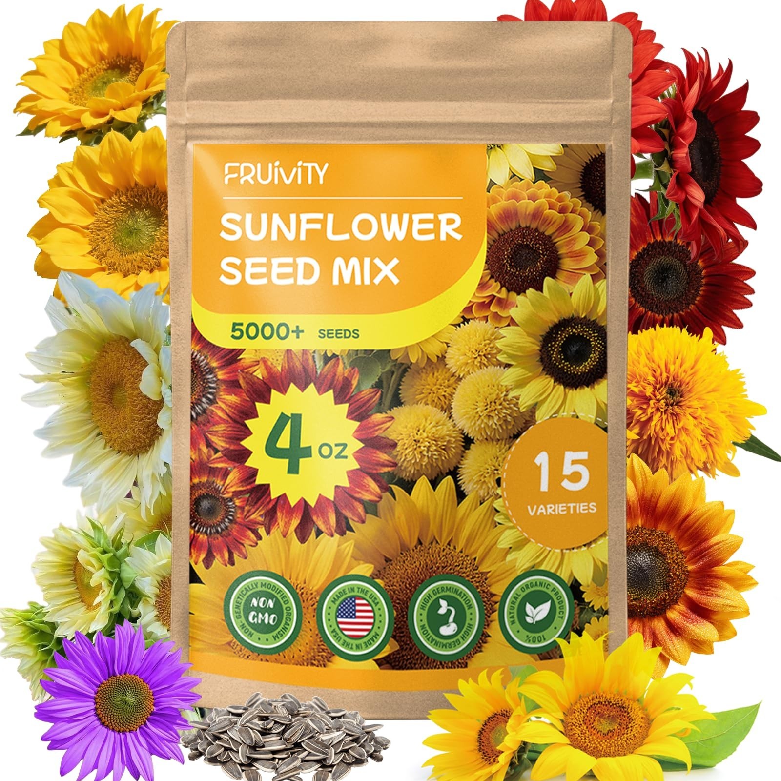 5000+ Non-GMO Sunflower Seeds Mix – 15 Varieties, Heirloom, High Germination, Ga