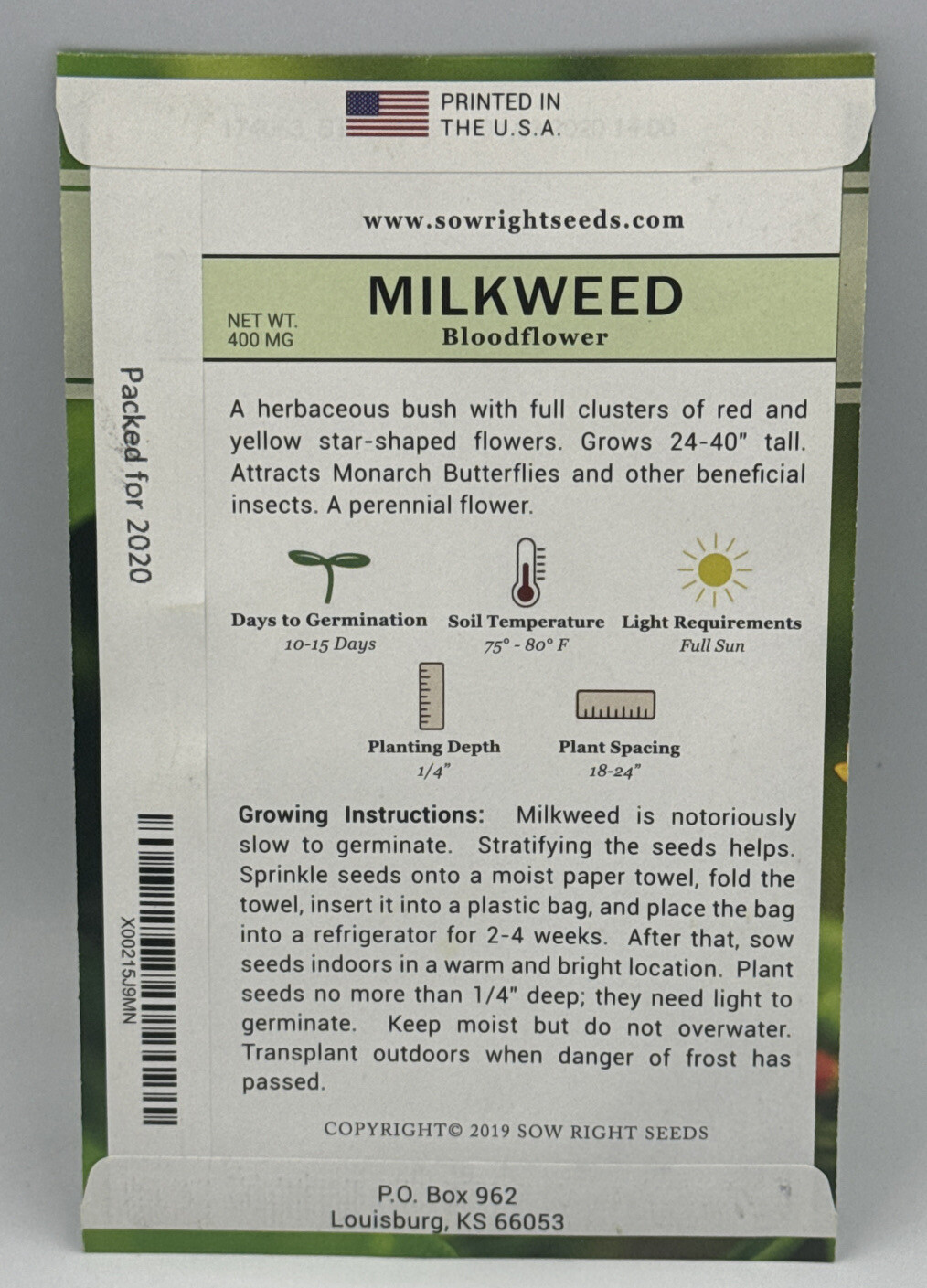 Blood Flower Milkweed Butterfly Seeds Packet HALF GRAM (.5 grams) Monarch. New