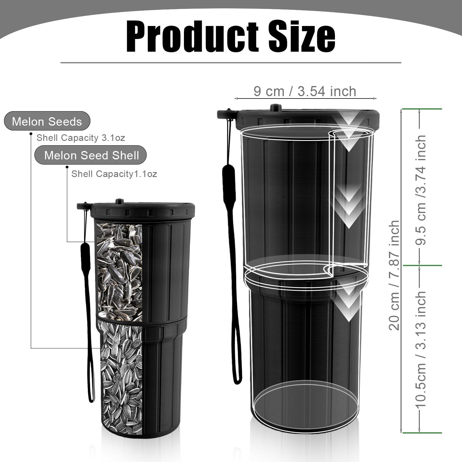 Fuwkeo Portable Sunflower Seed 3.3 inches (L) x 7.8 (H), Matte Black