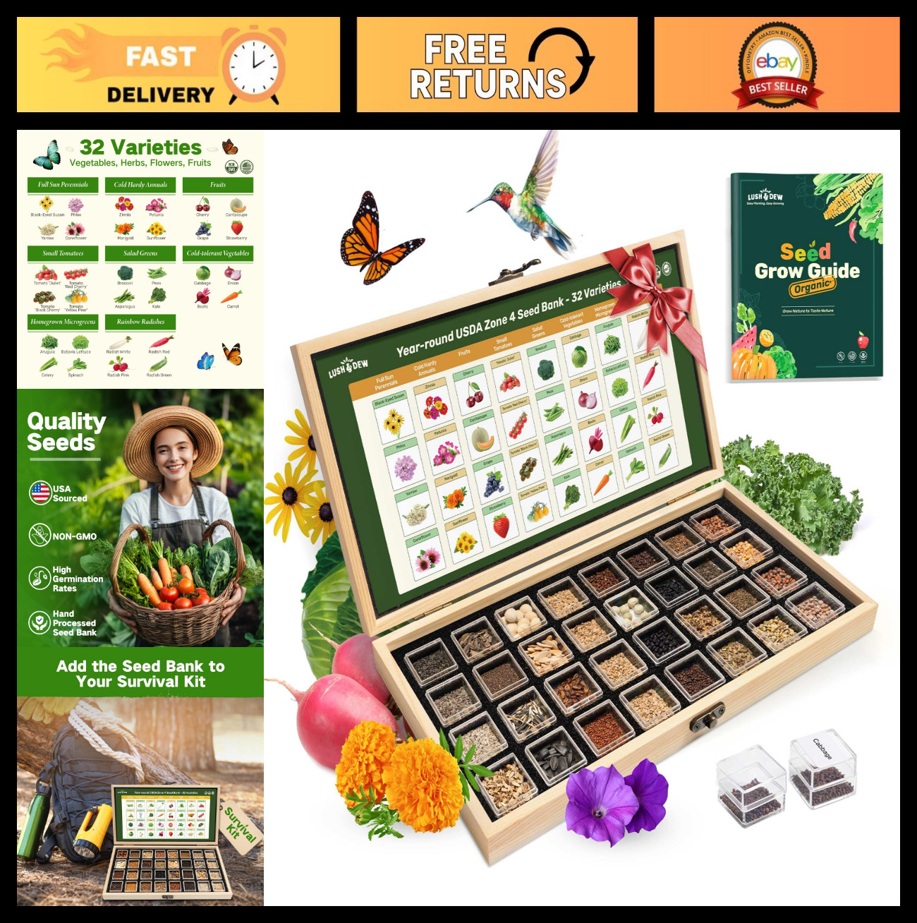 32 Non-GMO Heirloom Vegetable & Herb Seeds – Year-Round Gardening Kit, Survival