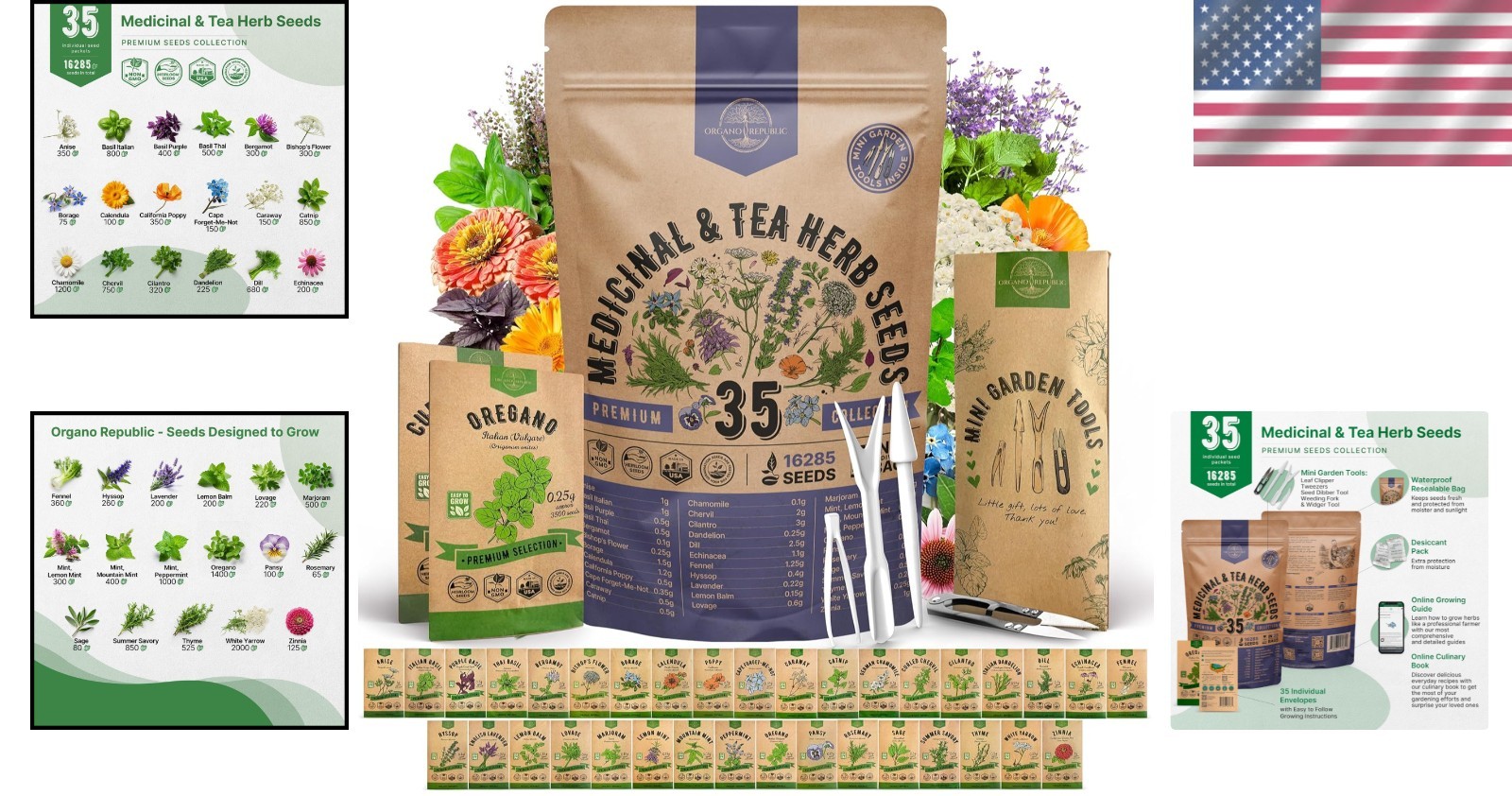 Herb Seeds Variety Pack 35 Non-GMO Heirloom Medicinal & Tea Herbs Indoor Outdoor