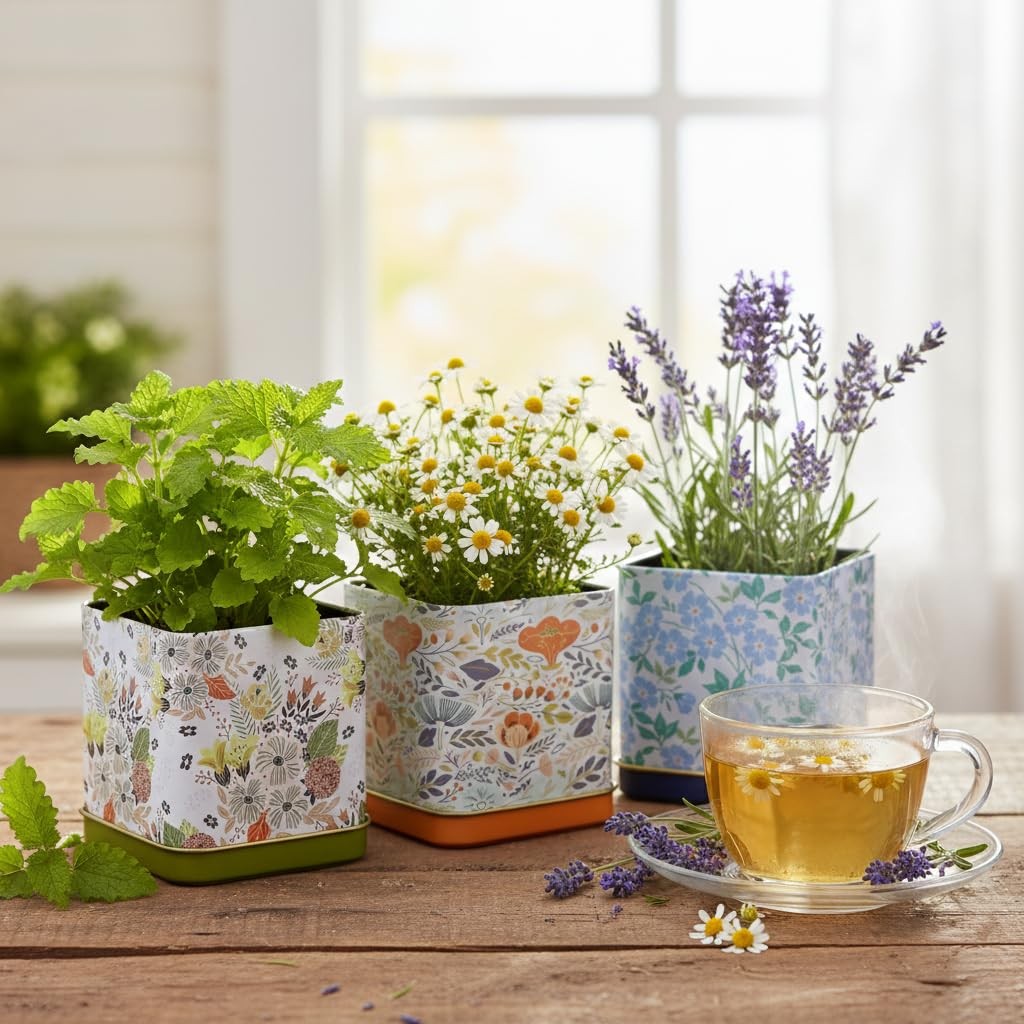 BUZZY Seeds Herbal Tea Garden Grow Kit 3 Square Tin Planters with Lavender