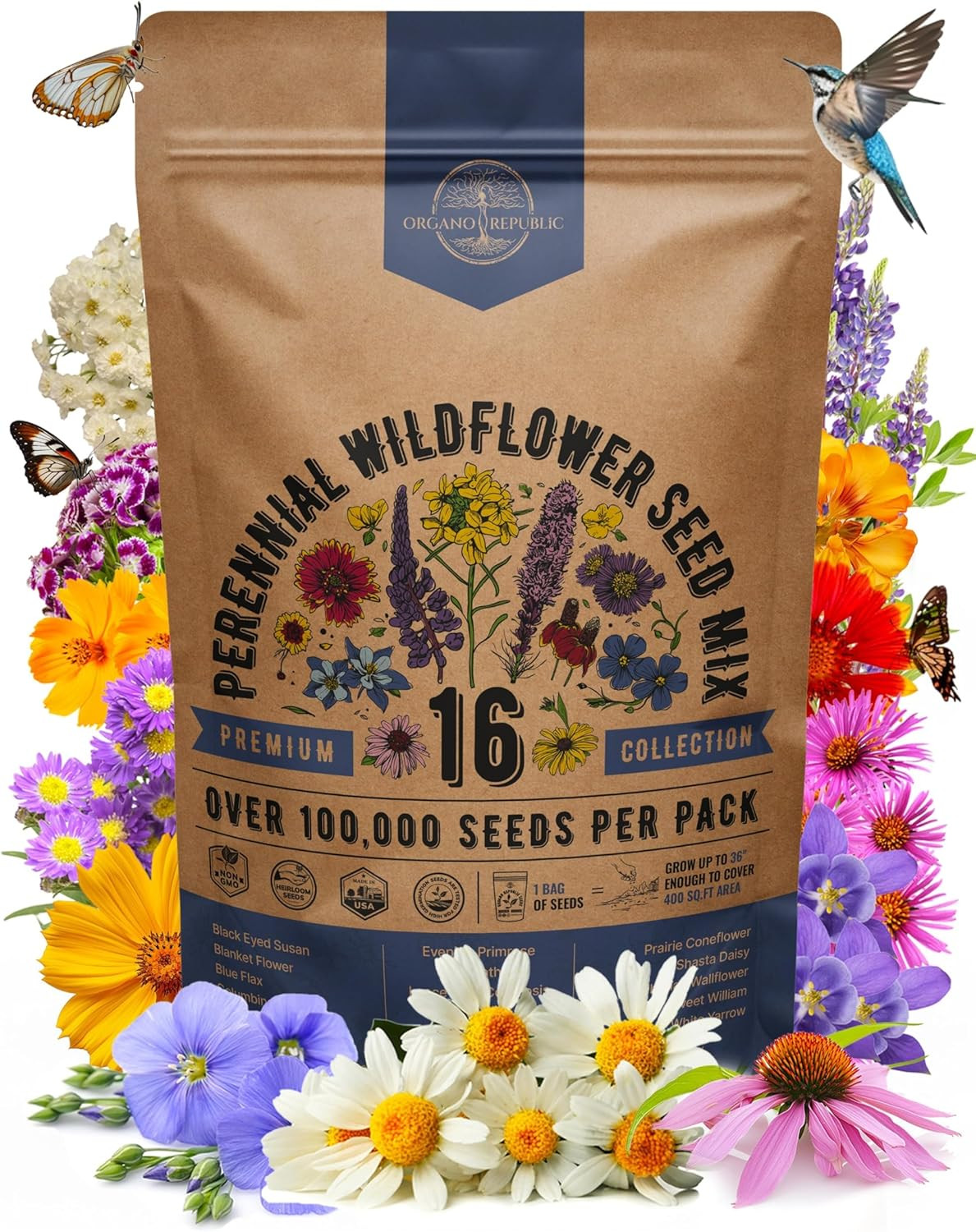 16 Perennial Wildflower Seeds Mix for Indoor & Outdoors. 100,000+ Non-Gmo, Heirl
