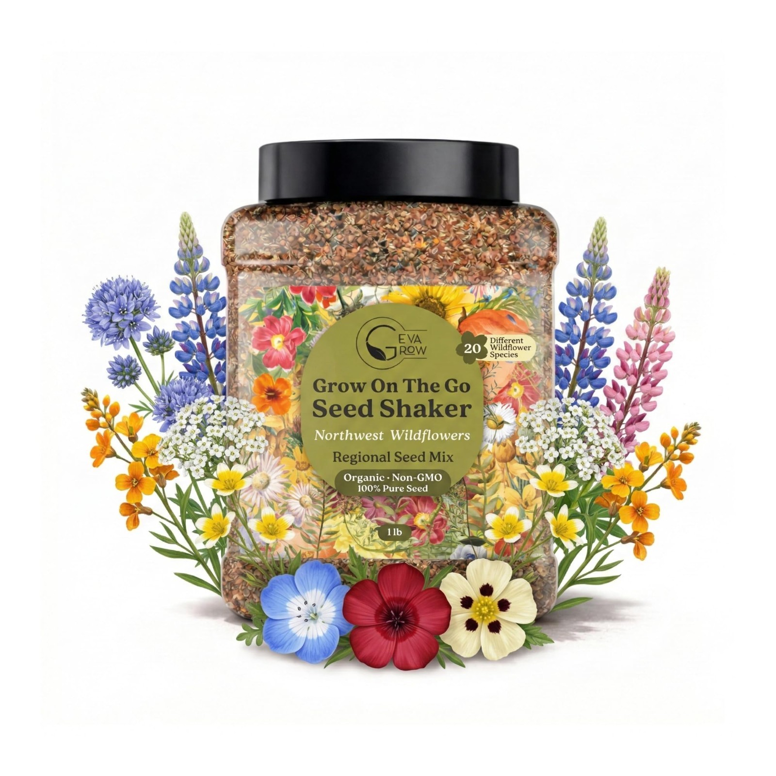 Organic Non-GMO Wildflower Seeds Mix – 20 Varieties, 1 LB Tub for Gardening