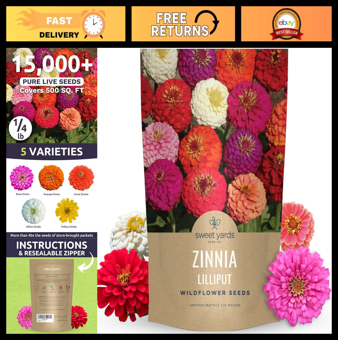 Zinnia Lilliput Mix – 15,000 Flower Seeds for Planting – Bulk 1/4 lb Pouch