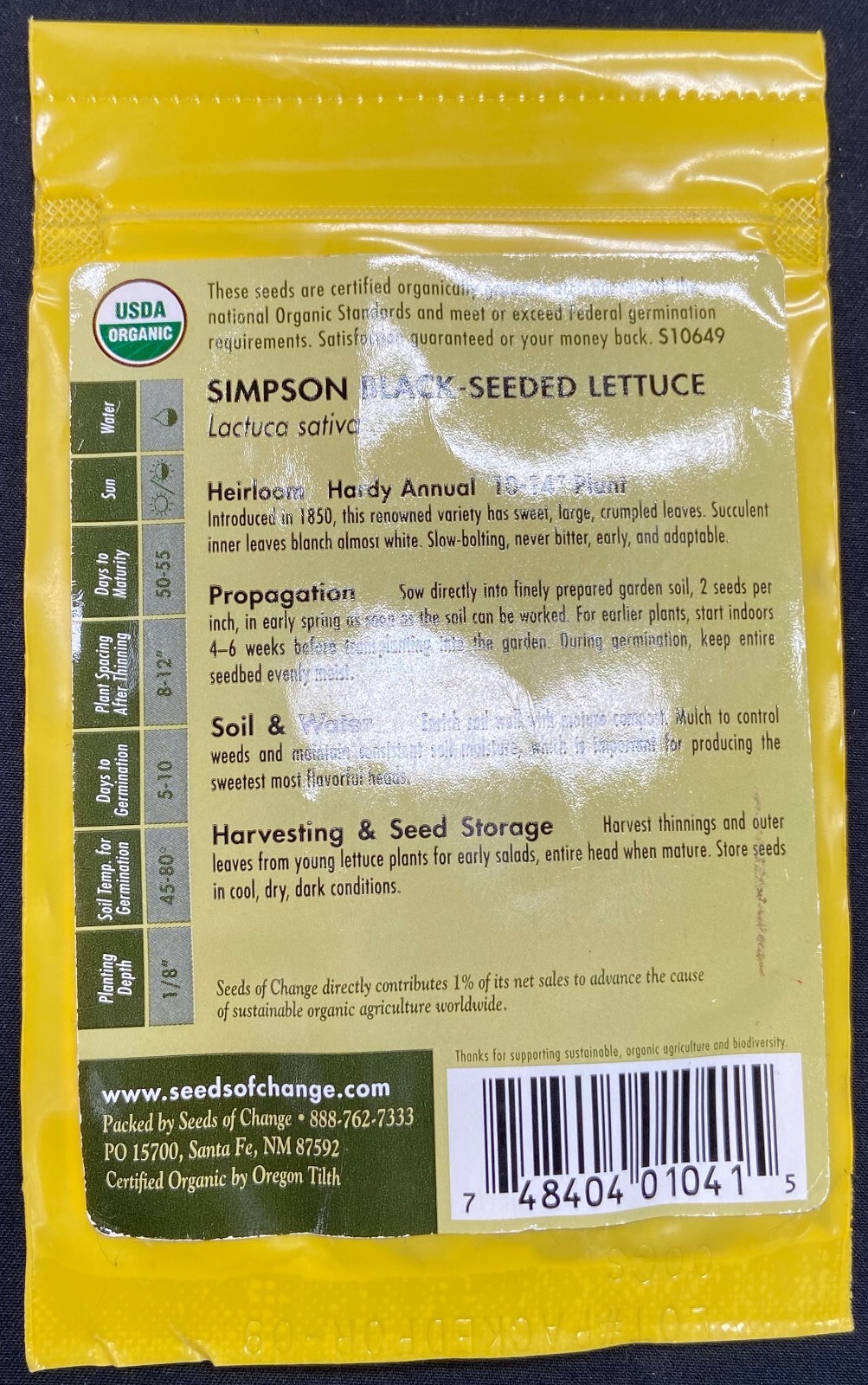 Seeds – Black Seeded Simpson LETTUCE – Seeds of Change – 500mg – sealed packet