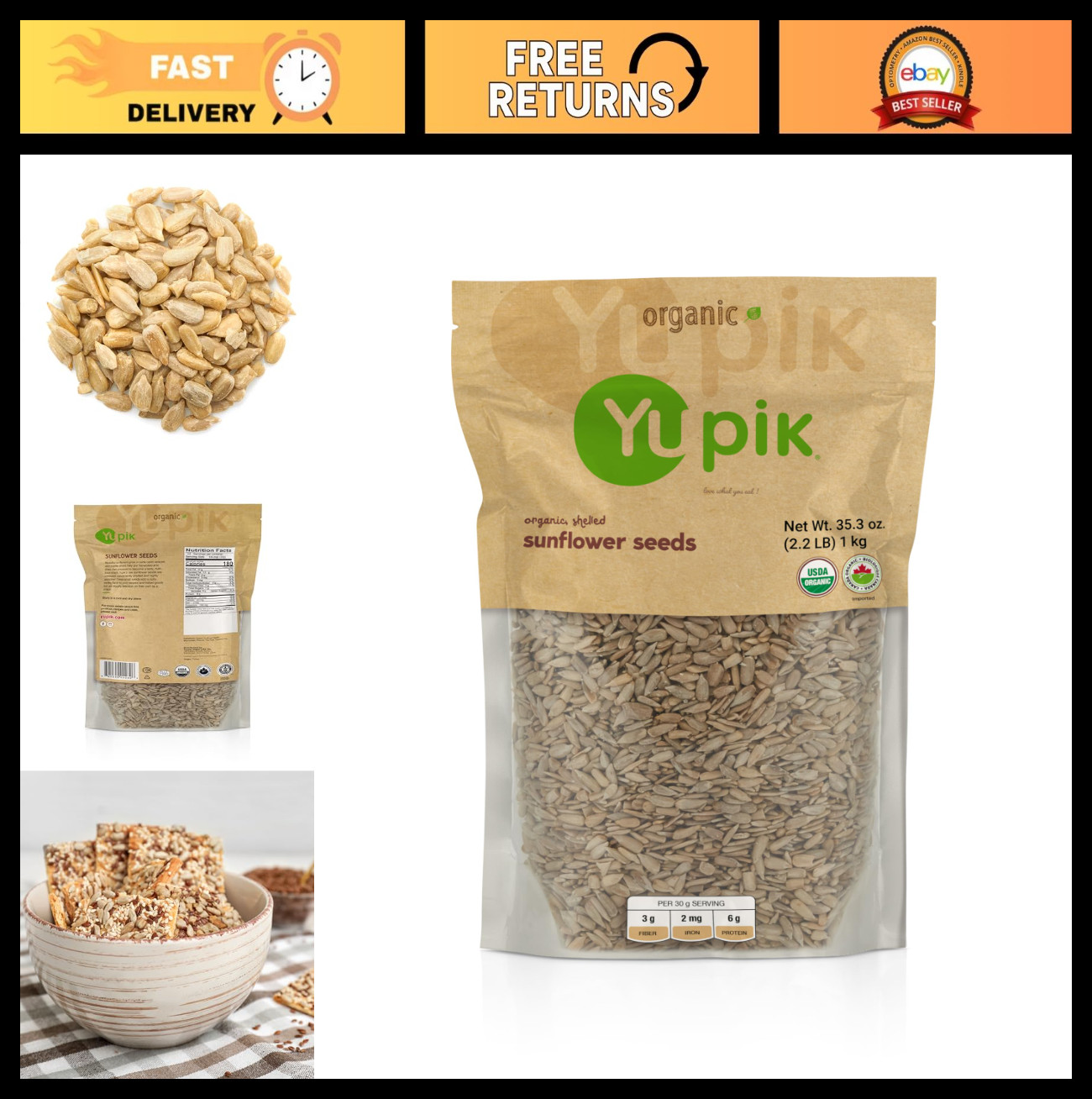 Organic Sunflower Seeds No Shell 2.2 lb, Non-GMO, Vegan, Gluten-Free, Raw, Healt