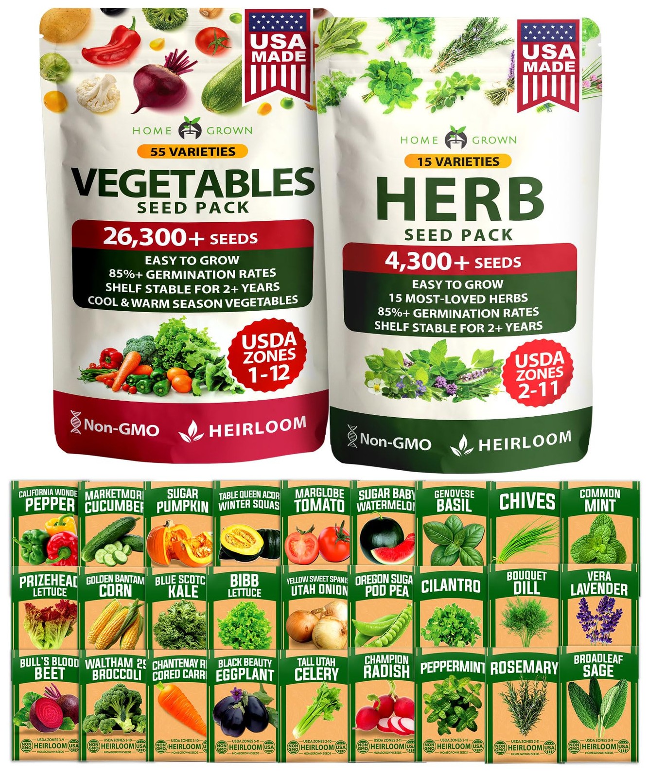 HOME GROWN 70 Variety Vegetable & Herb Seeds 32,000+ USA NonGMO Heirloom Surv…