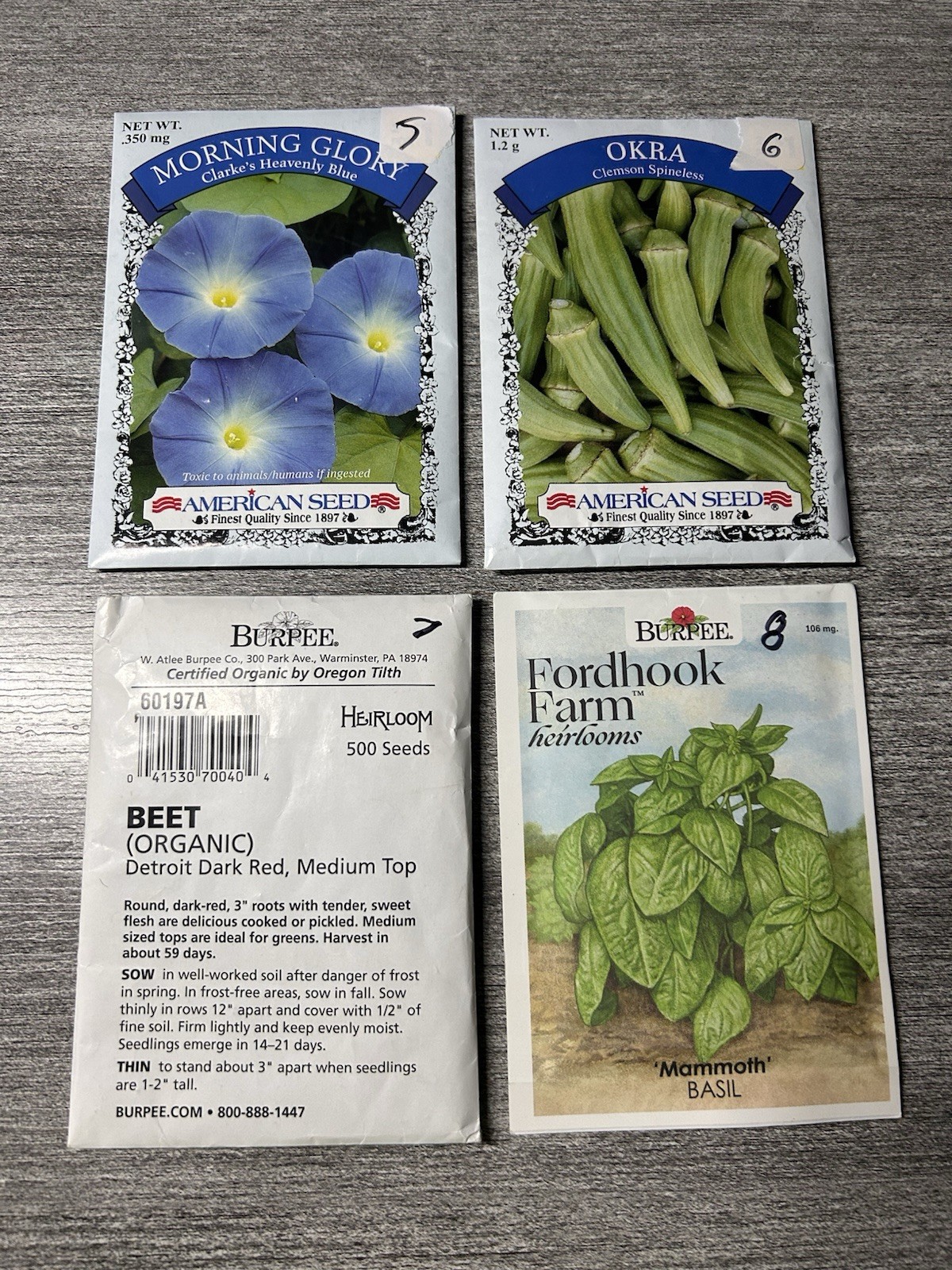 10 Packs Of Seeds Basil, Moss rose, Clarkes Blue, Clemson, Beet, Mammoth, Radish