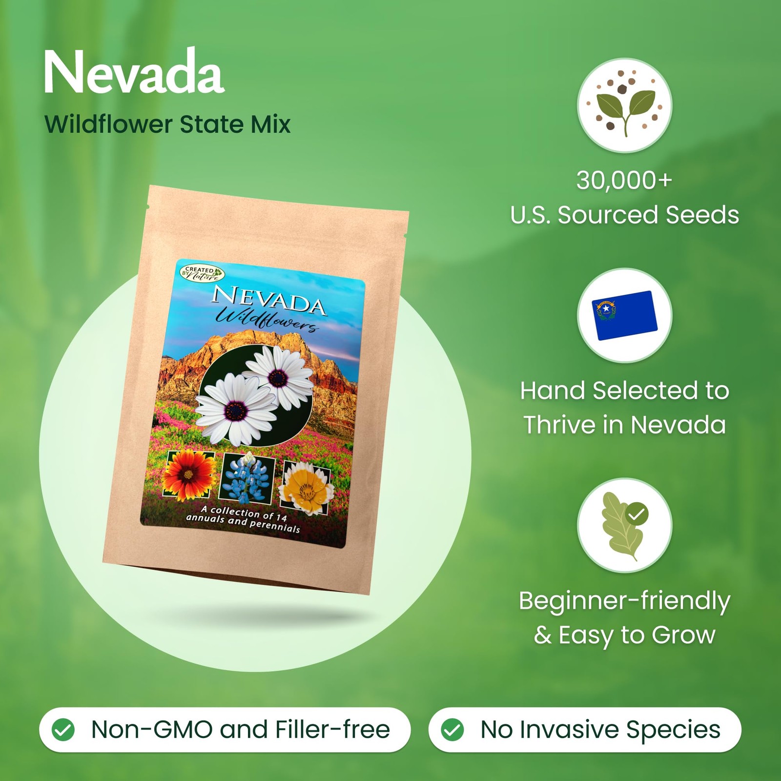 Created By Nature Nevada Wildflower Seed Mix, 14 Flower Varieties, 30,000 Seeds
