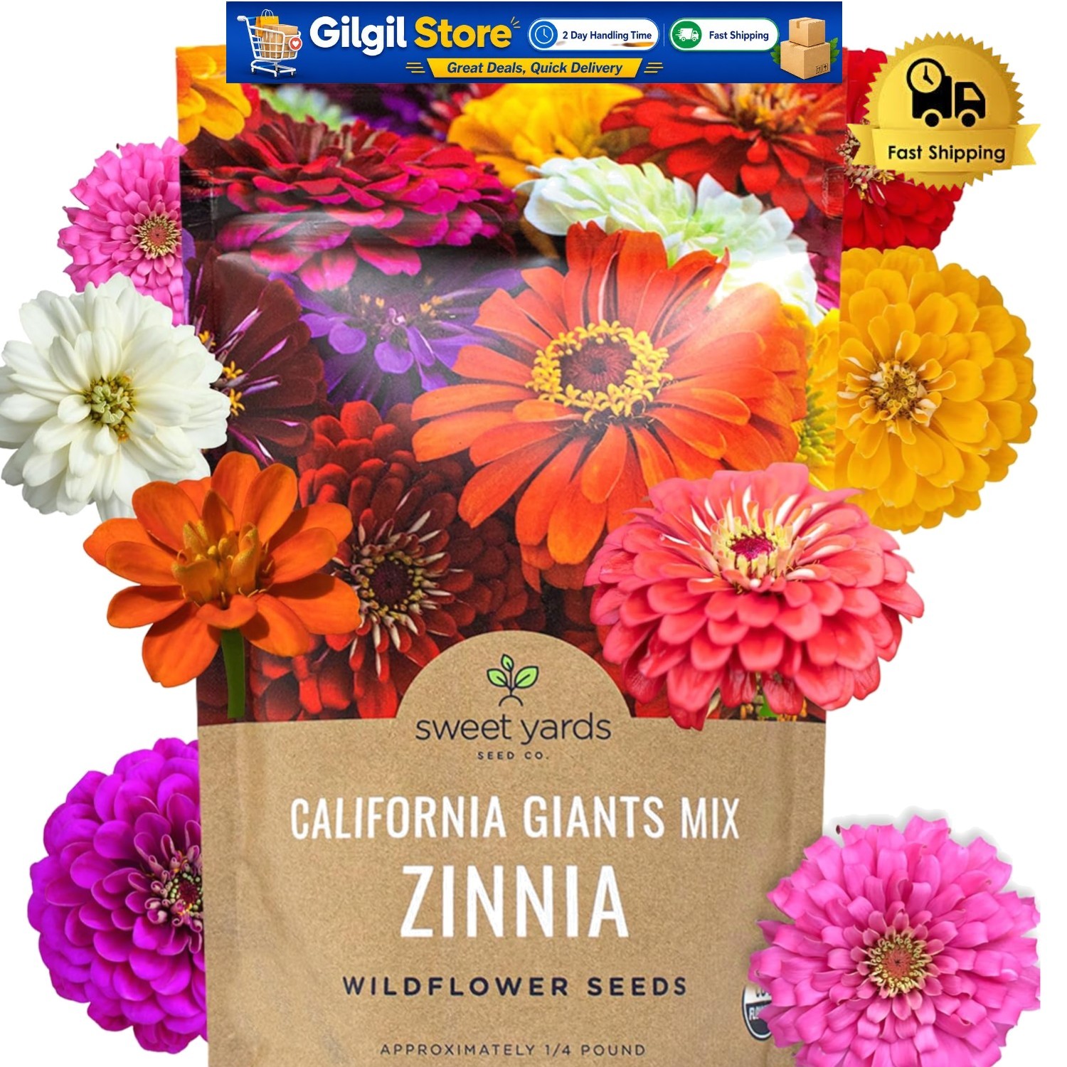 Bulk Heirloom Zinnia Seeds – California Giants Mix, 1/4 Pound Bag – 12,000 Seeds