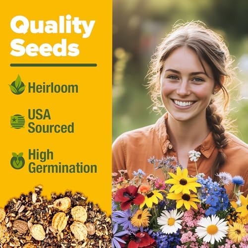 65,000+ Heirloom Wildflower Seeds Mix for Bees, Birds & Butterflies – 4 oz