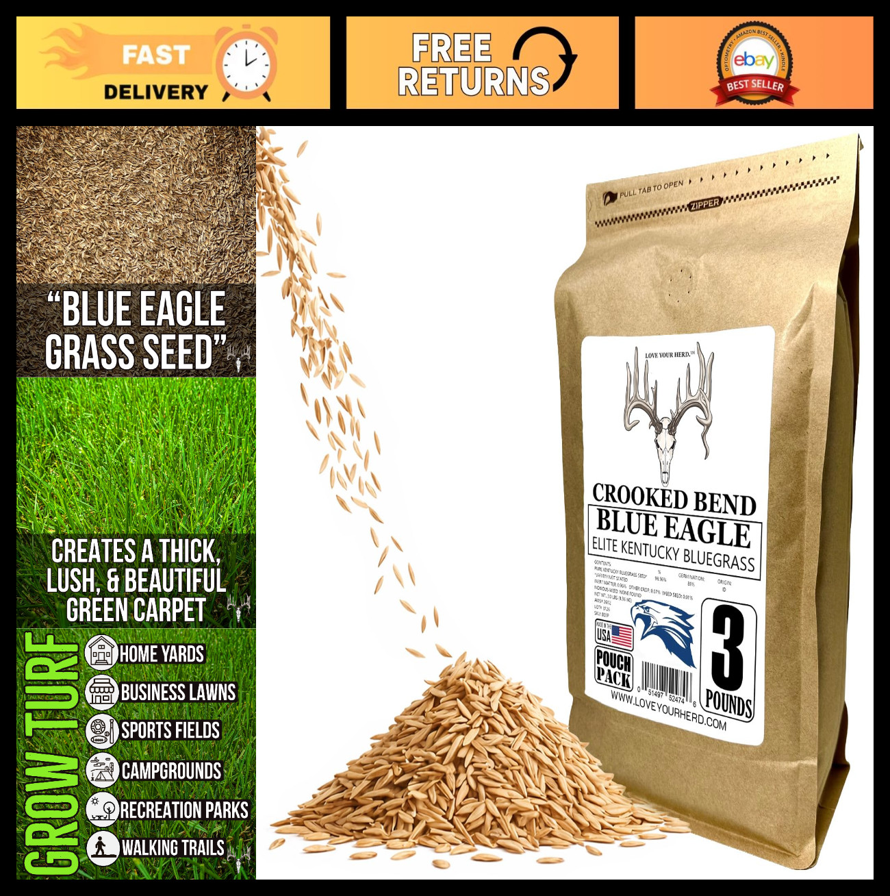 Kentucky Bluegrass Seed 3LB – Uncoated, No Fill, Thick Dark Green Lawn, Covers 5