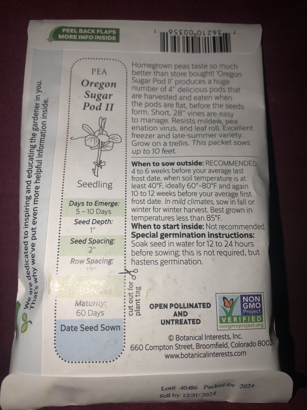 Snow Pea Oregon Sugar Pod II Heirloom Seeds Botanical Interests Exp. 12/2024