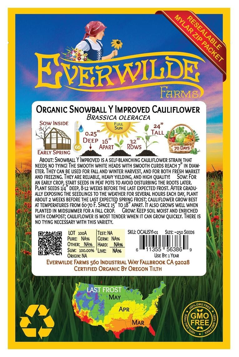 250 Organic Snowball Y Improved Cauliflower Seeds – Everwilde Farms Mylar Packet