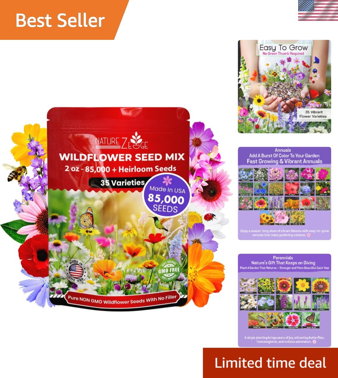 Vibrant Wildflower Seeds Mix – 2 Oz of 85,000 Non-GMO Flowers to Attract Poll…