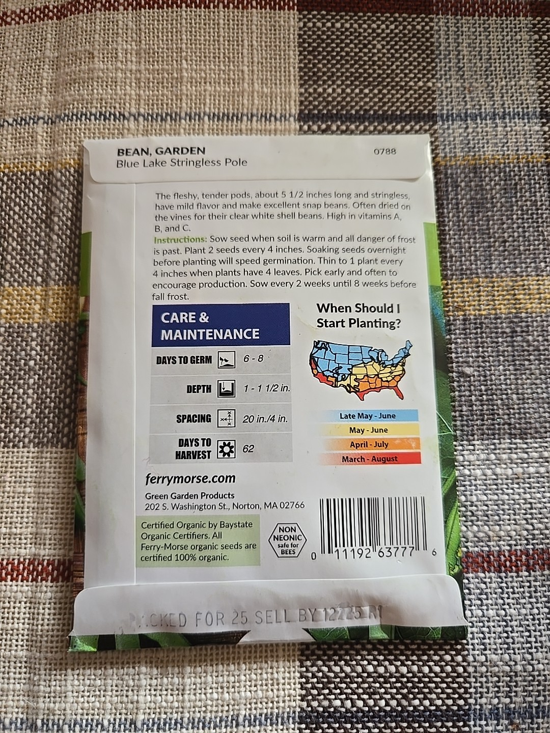 Ferry-Morse 2025 Seed Graden Bean Blue Lake Stringless Pole Organic 8 Mg