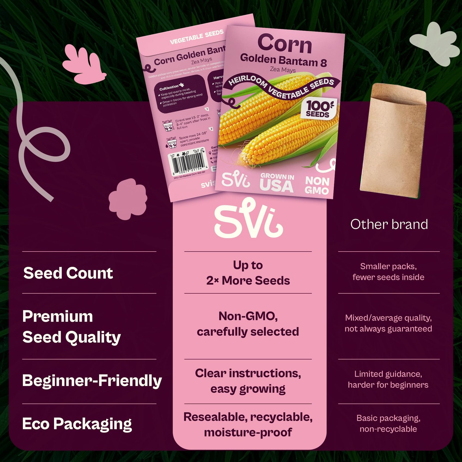 SVI 100 Golden 8 Bantam Corn Seeds (Zea mays) Yellow Sweet Corn Seed Packets