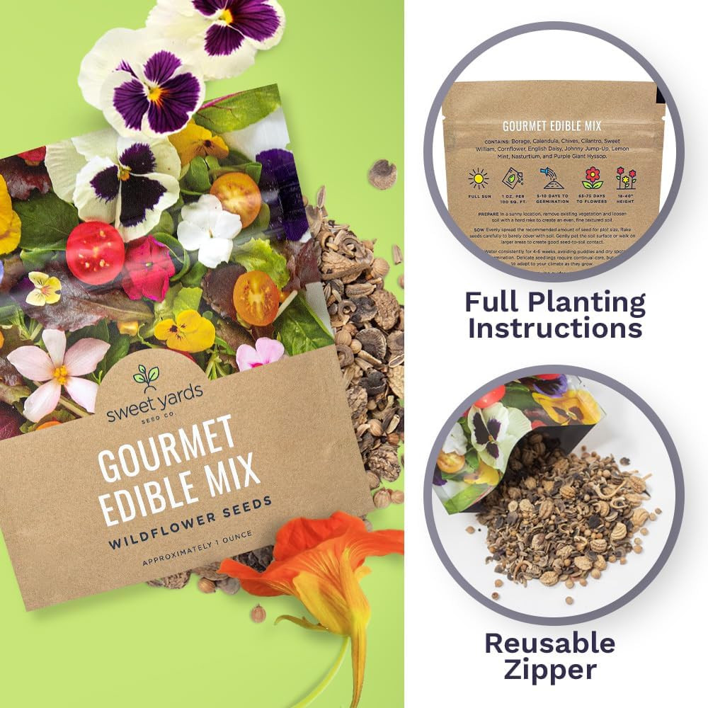 Wildflower Seeds Edible Flowers Mix – 1 Ounce Over 7,000 Open Pollinated Annual