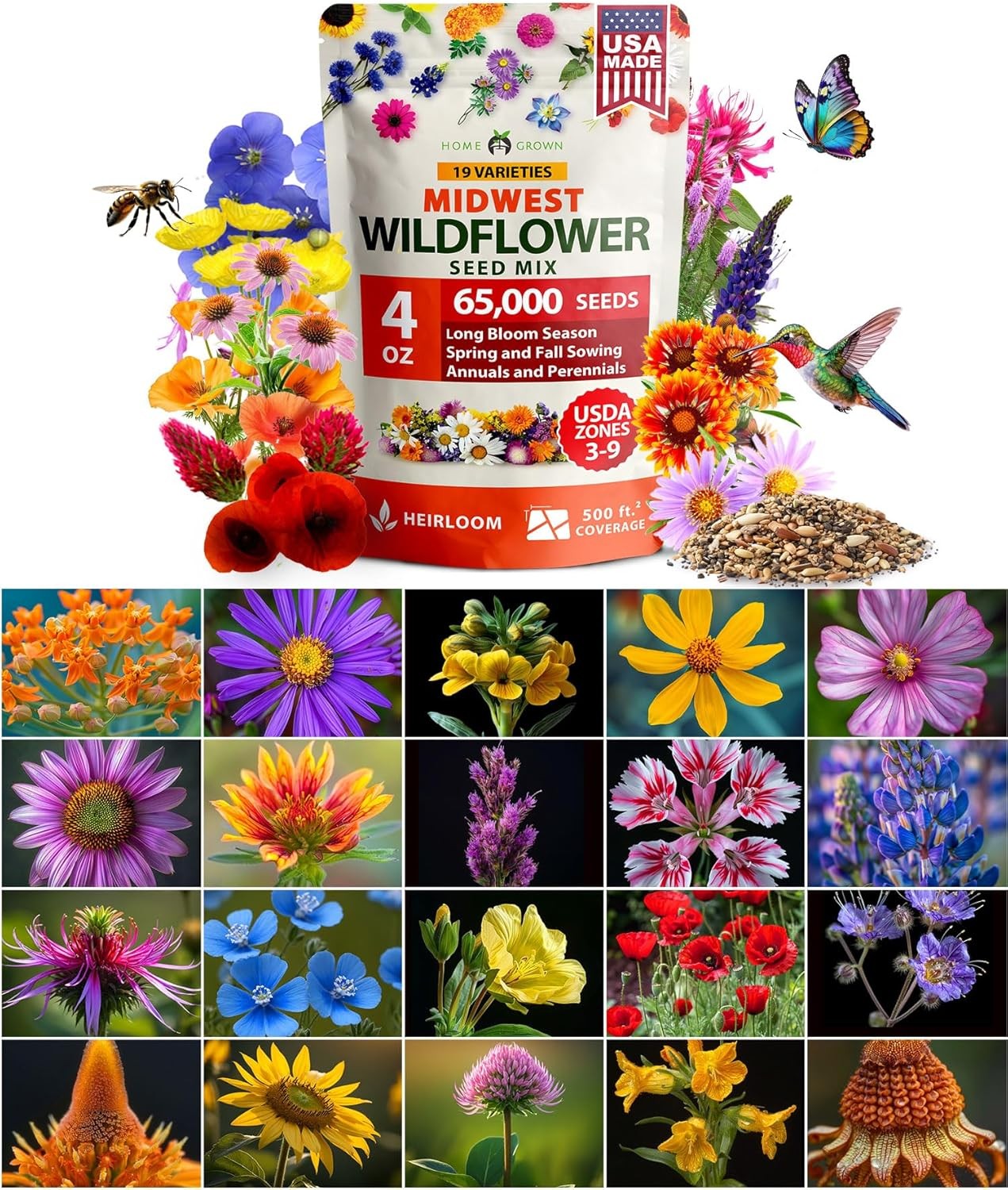 65000+ Wildflower Seeds Heirloom Perennial Flower Mix Bees Birds Midwest 4 oz