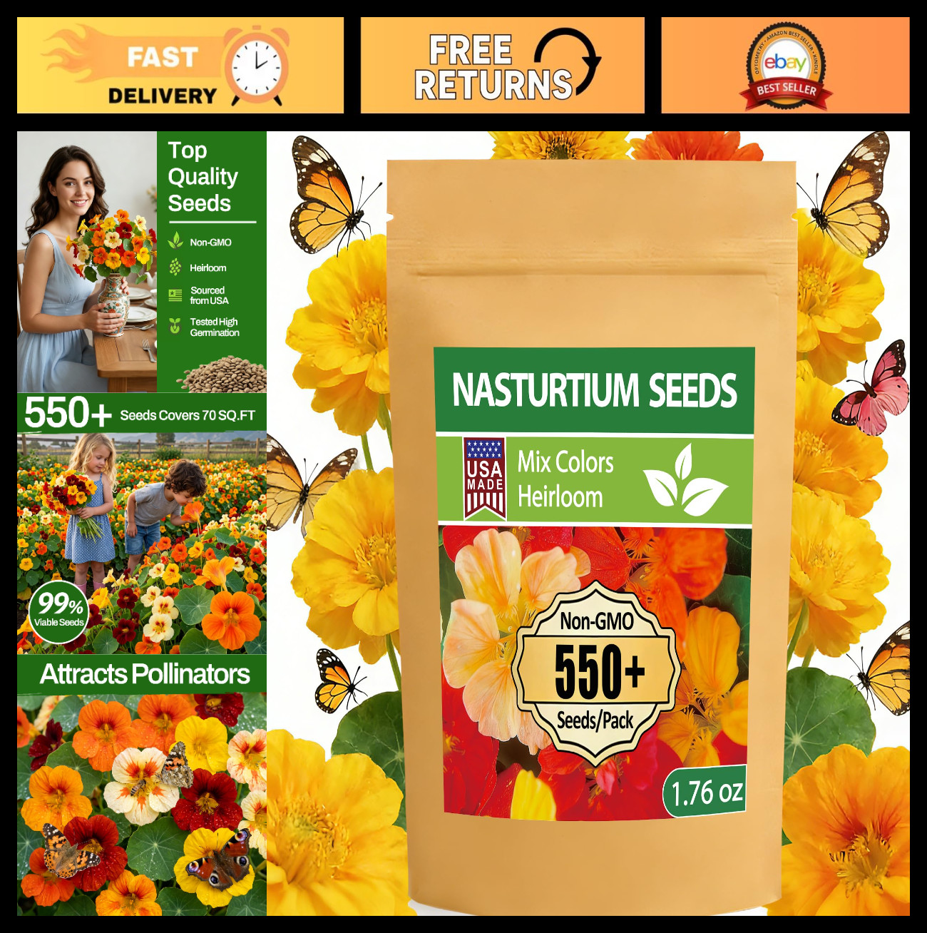Mixed Color Nasturtium Seeds – 550+ Large Bloom Non-GMO Bulk Pack for Indoor/Out