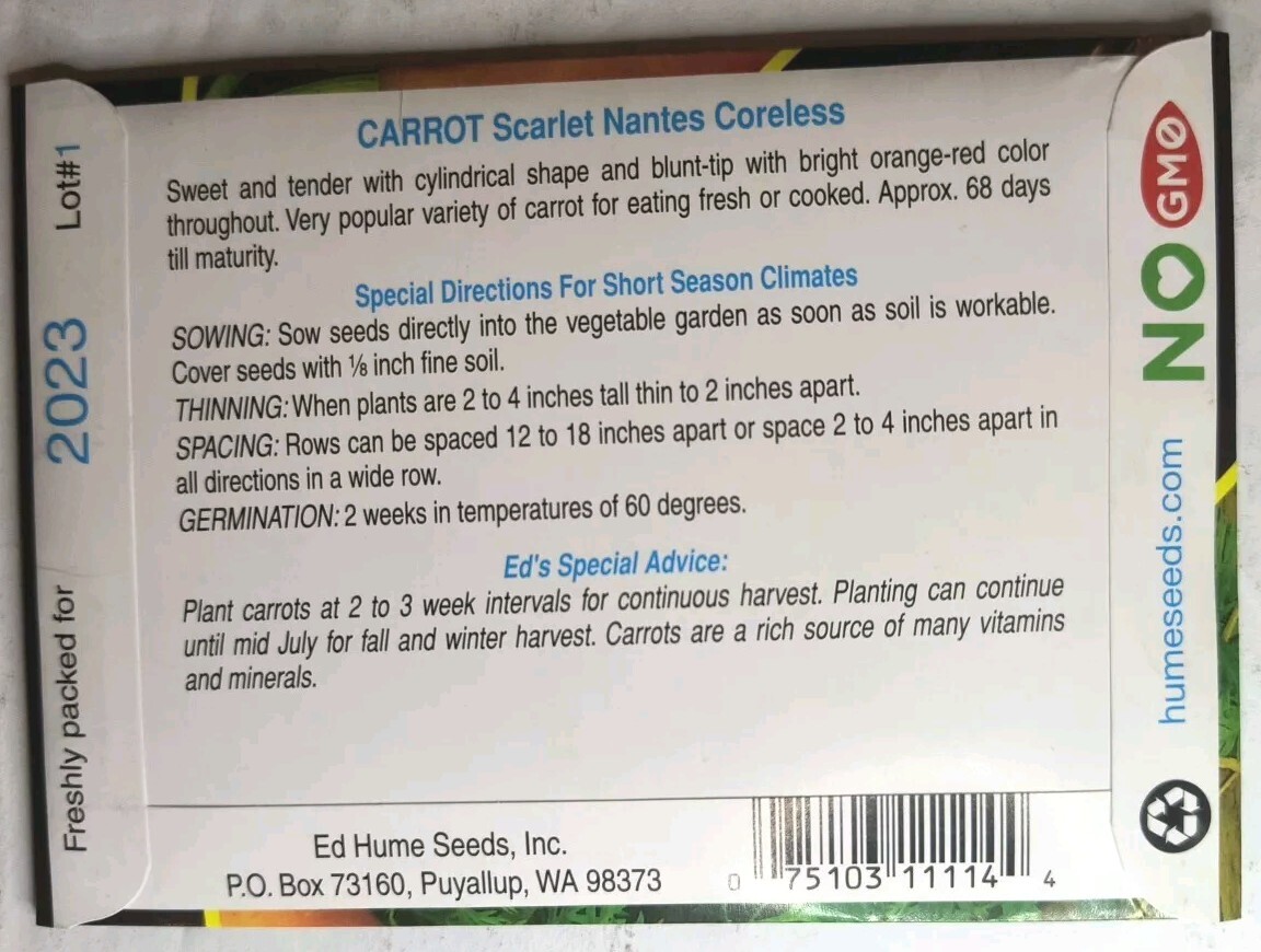 Lot Of 7 Ed Hume Non GMO Carrot Seeds