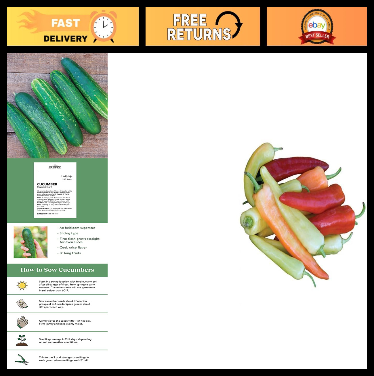 200 Straight Eight Slicing Cucumber Seeds & 150 Sweet Banana Pepper Seeds