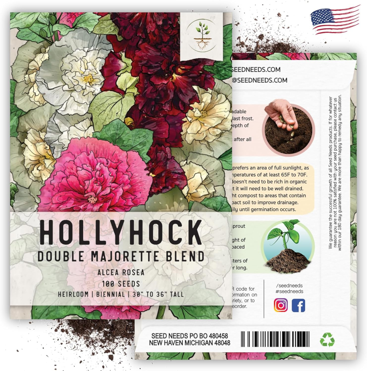 , Double Majorette Hollyhock Seeds – Heirloom Seeds for Planting Alcea Rosea – M