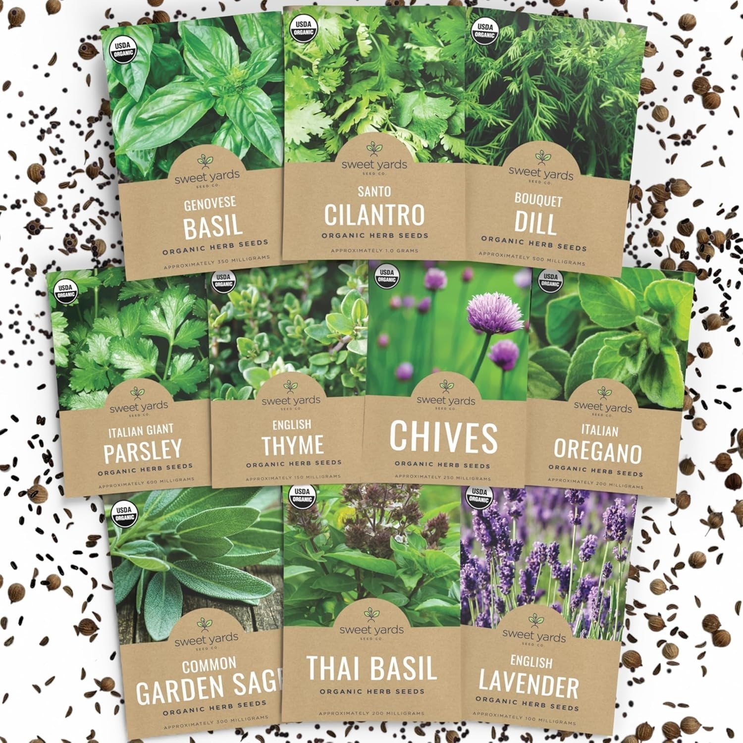 Organic Herb Seeds Variety Pack – 10 Individual Packs – 2025 Season – Basil, Cil