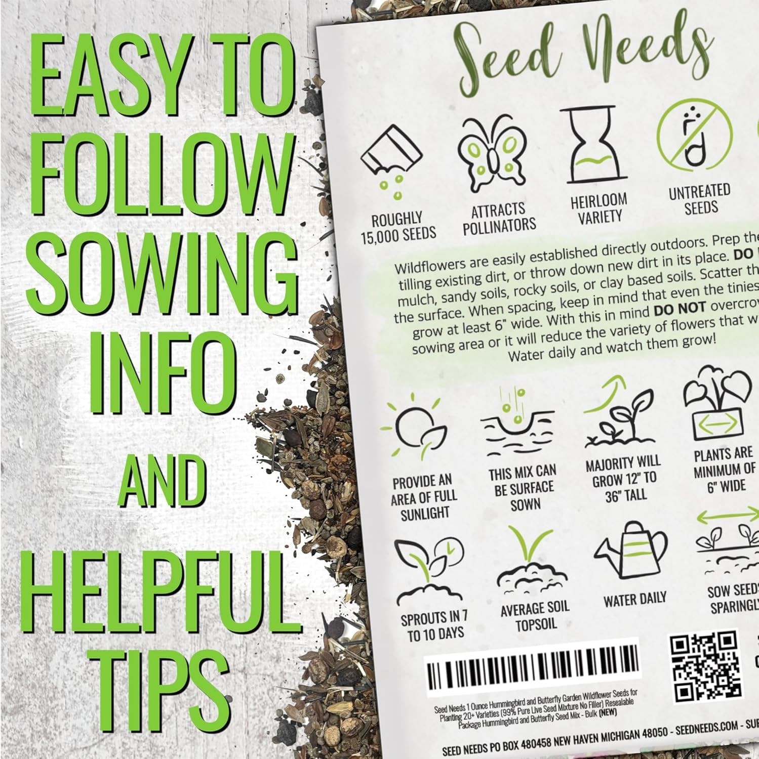 Hummingbird & Butterfly Garden Seed Mix – 23 Varieties, 15,000 Seeds, GMO Free