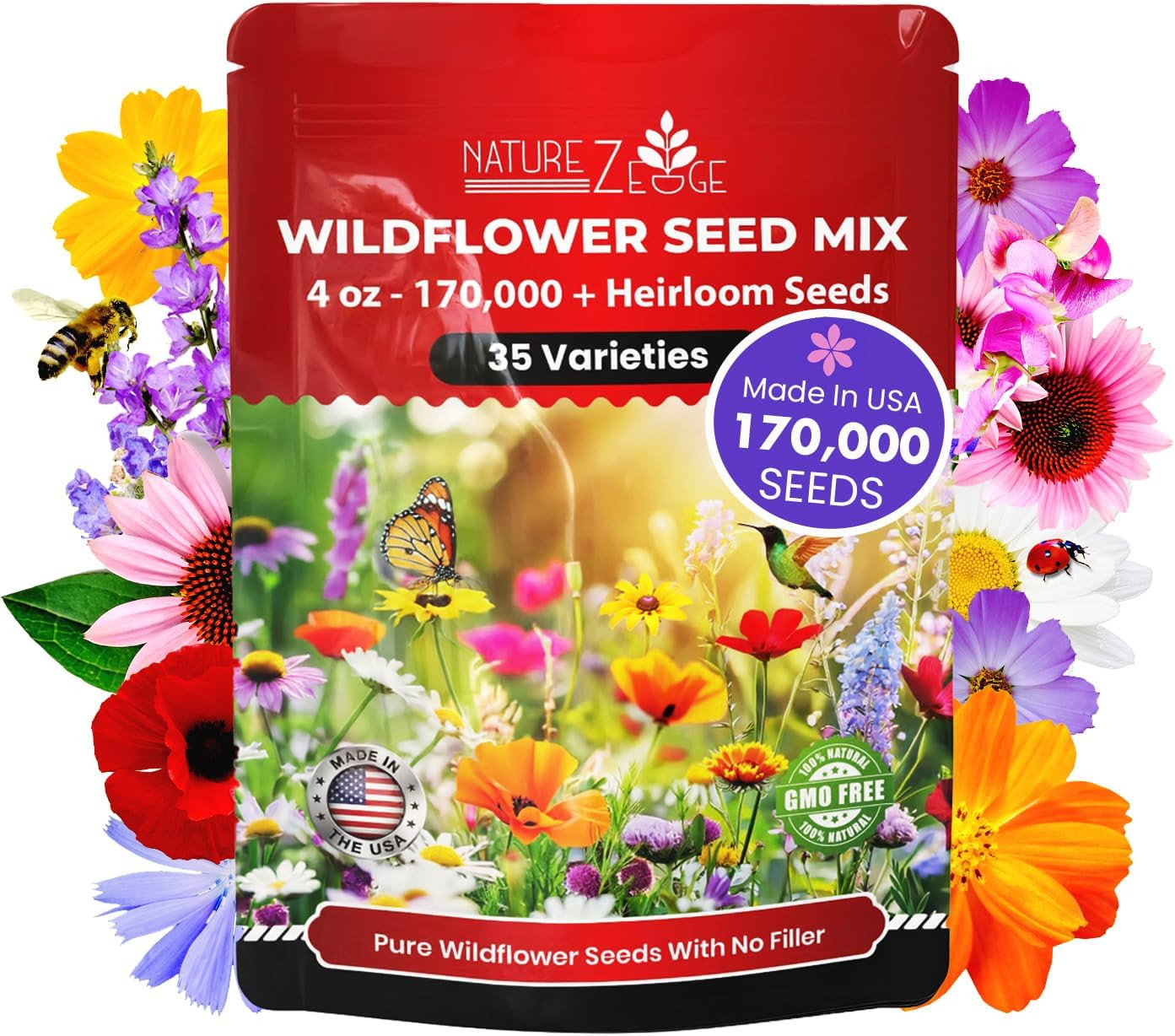 Naturez Edge Wildflower Seeds Mix – 1/4 Lb, 170,000 Seeds, 35 Variety Perennial