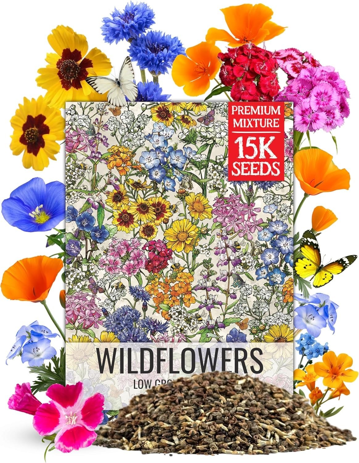 Multicolored Low-Growing Wildflower Seeds – 1 Ounce Blend for Pollinator Gardens